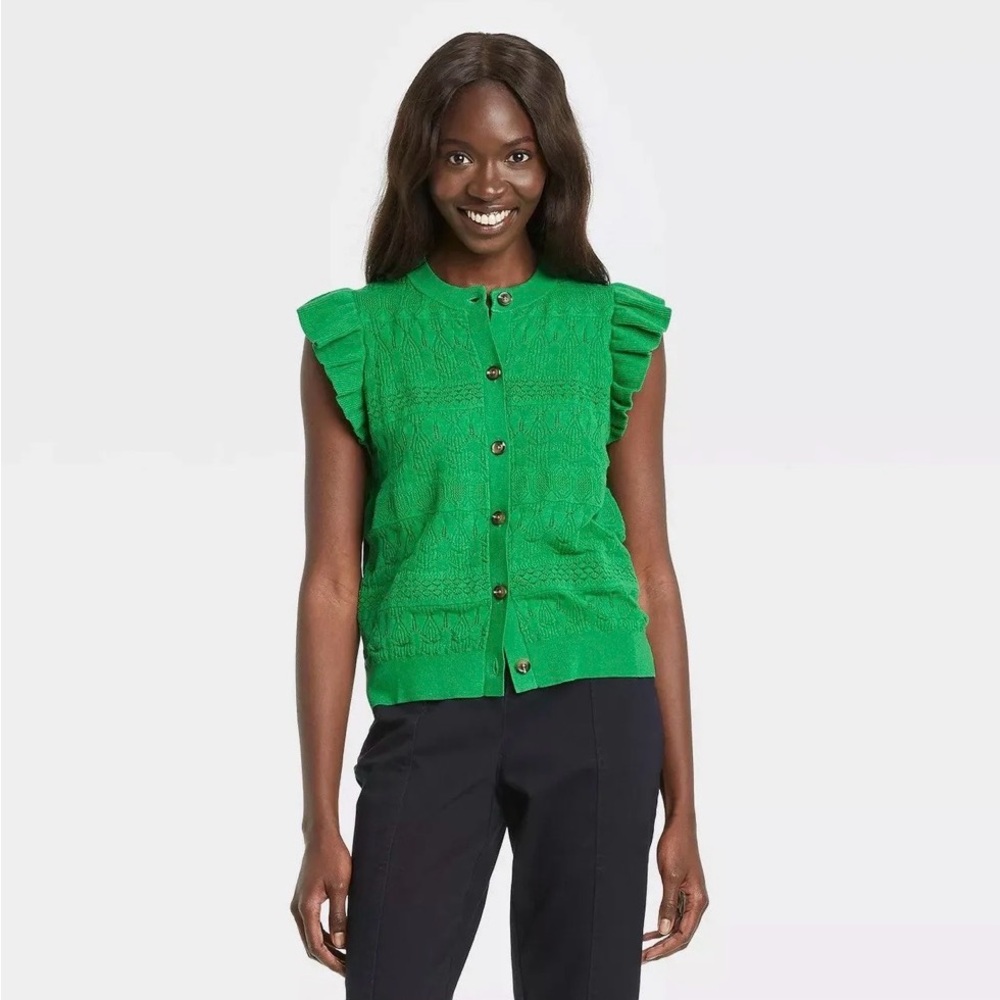 Who What Wear Womens Green Button Front Ruffle Sleeve Sweater Knit Top‎